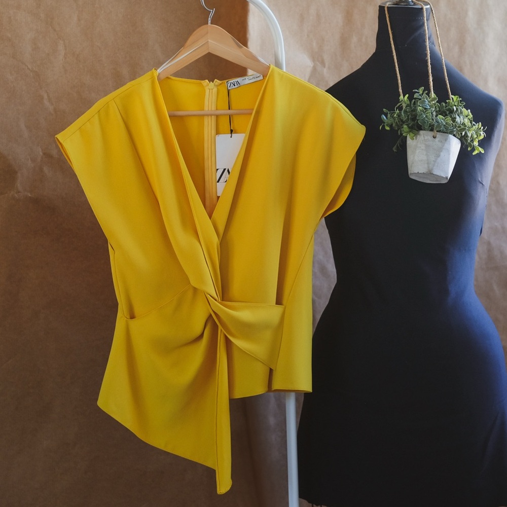 ZARA Yellow Draped Knot Blouse NWT - Bold & Chic!